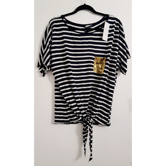 A.T.U.N. Tops - NWT Navy White Striped Gold Sequin T-Shirt Tied